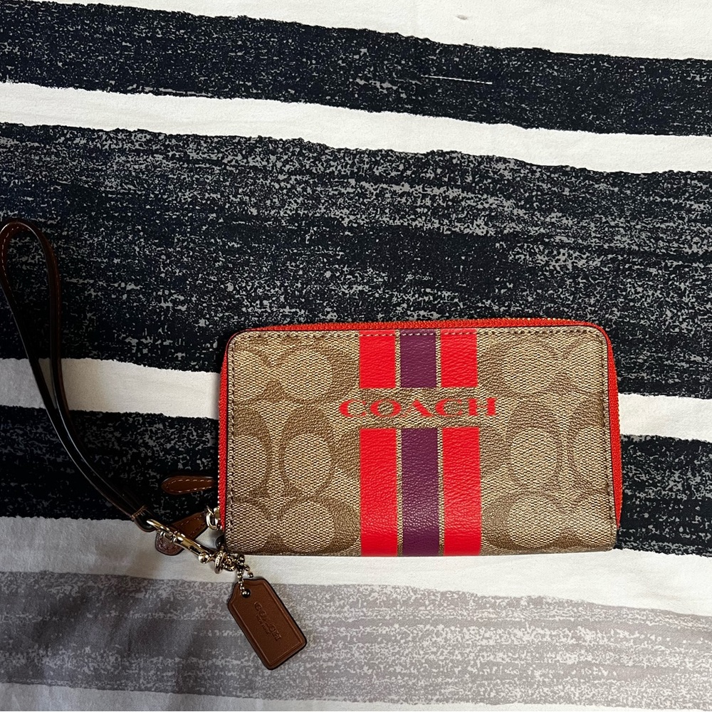 NWT! COACH VARSITY DOUBLE ZIP WALLET WRISTLET IN SIGNATURE (COACH F54005)